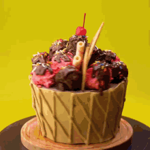 a cake in the shape of an ice cream cone has a cherry on top
