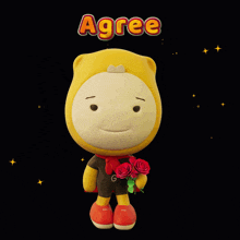 a cartoon character holding a bouquet of red roses and the word agree above him