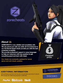 a flyer for zorecheats shows a woman holding a gun