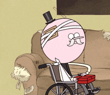 a cartoon character in a wheelchair with a bandaged head