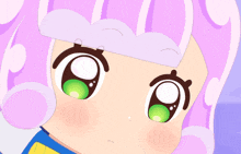 a cartoon character with pink hair and green eyes looks at the camera