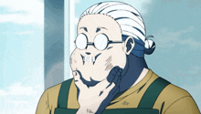a cartoon drawing of a man with glasses and a ponytail