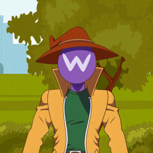 a cartoon character with a purple hat and a white w on his head