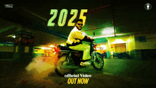 a man is riding a motorcycle in a parking garage with the number 2025 on the top