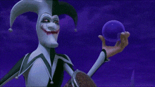 a cartoon joker is holding a purple ball in his hand