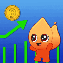 a cartoon character stands in front of a graph with a gold coin with the letter b on it