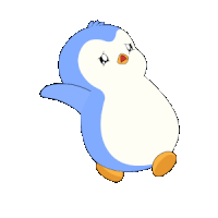 a blue and white penguin with orange feet
