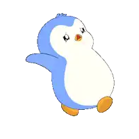 a blue and white penguin with orange feet