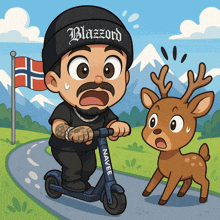 a cartoon of a man wearing a beanie that says blazzard riding a scooter next to a deer