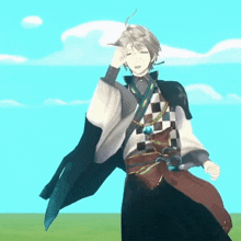 a cartoon character is standing in a field with his hand on his head