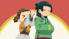a cartoon of two girls standing next to each other with one wearing a green jacket