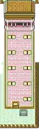 a cartoon drawing of a pink building with a sign that says ' nintendo '