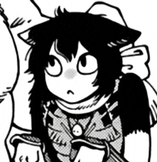 a black and white drawing of a cat with a scarf around her neck