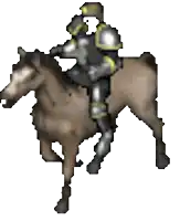 a knight in armor is riding on the back of a brown horse .