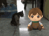 a stuffed boy is sitting on the floor while a cat looks on