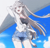 a girl with long hair is wearing denim shorts and a white shirt