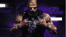 a man with a skull mask on his face is standing in front of a purple backdrop