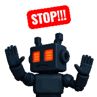 a robot with a red sign that says stop on it
