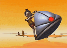 a cartoon character is riding on the back of a silver object
