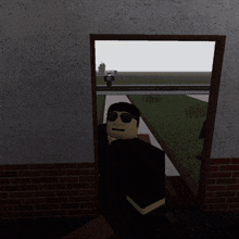 a cartoon character wearing sunglasses is standing in front of a brick wall