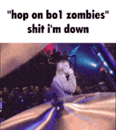 a picture of kurt cobain with the words " hop on bol zombies shit i 'm down " below him