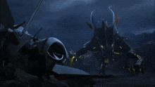 a cartoon drawing of a monster with horns and a sword
