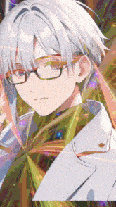 a boy with white hair and glasses is wearing a white jacket