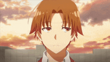 a close up of a anime character 's face with a sunset in the background