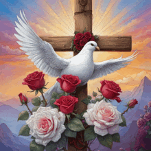 a dove is sitting on a cross with roses around it