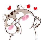 a cartoon cat with red hearts around its head is licking its paw .