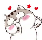 a cartoon cat with red hearts around its head is licking its paw .