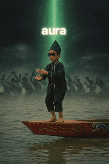 a little boy is standing on a boat with the word aura behind him