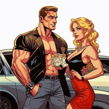 a man and a woman are standing next to a car with the man holding a pile of money