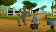 a donkey is standing on its hind legs next to a postman in a cartoon .