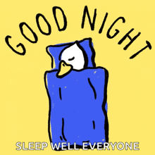 a cartoon of a duck wrapped in a blue blanket with the words " good night sleep well everyone "