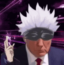 a man in a suit and tie with a mask on his eyes