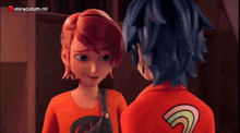 a boy and a girl are looking at each other in a miraculous animated series