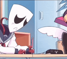 a cartoon character with a mask on his face is sitting at a desk talking on a cell phone .