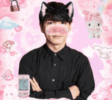 a man wearing a cat mask holds a cell phone