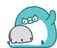 a blue penguin is holding a smaller penguin with a yellow star on it 's head