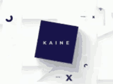 a blue square with the word kaine on it is surrounded by white squares .