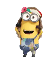 a yellow minion wearing overalls and a headband with the letter o on it