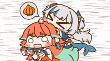 a cartoon drawing of a shark carrying a girl