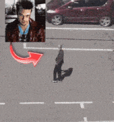 a red arrow points to a picture of a man and a car