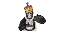 a gorilla wearing a crown with hearts on it and a necklace with the letter g on it