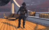 a man in a military uniform is dancing on a boat deck