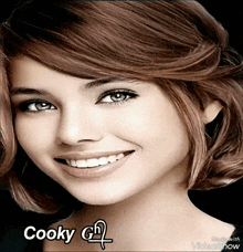a picture of a smiling woman with the words cooky gf on the bottom