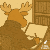 a cartoon moose is writing in a notebook with the name vick rose written on it