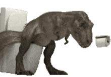 a t-rex is sitting on a toilet and looking at a roll of toilet paper