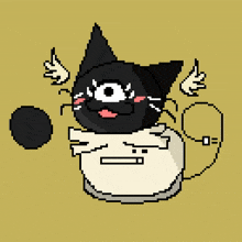 a pixel art drawing of a black and white cat with one eye